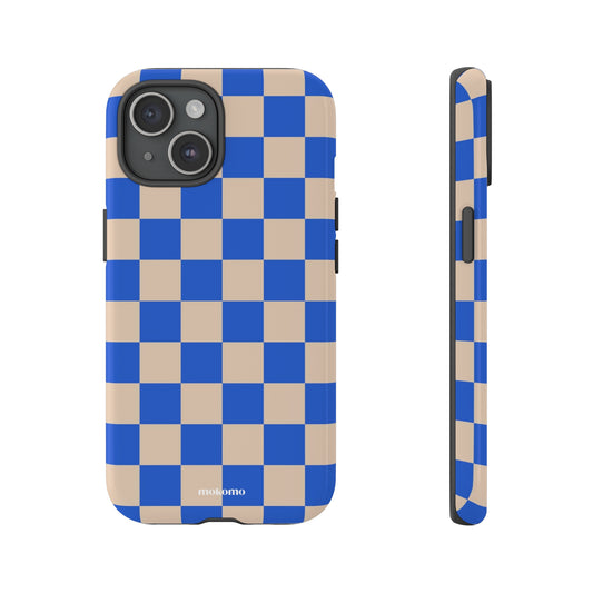 Blueberry coloured checkered phone case design with a white background 