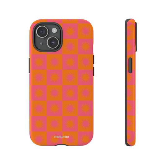 Bright orange and pink sun design on iPhone 15 case with a white background 