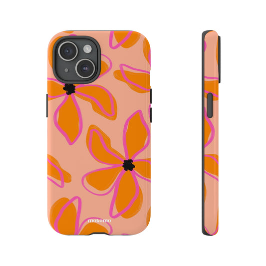 Handrawn organic flowers with an orange background on an iPhone case 