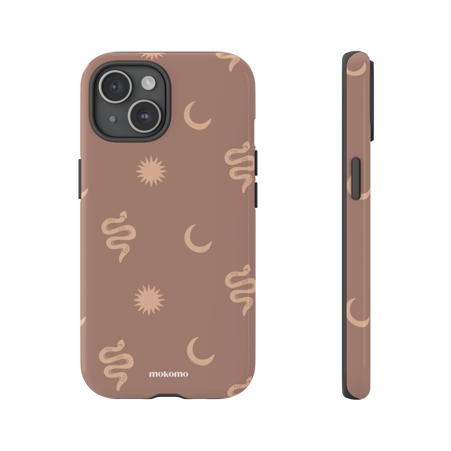 Brown iPhone case with a snake and moon design 