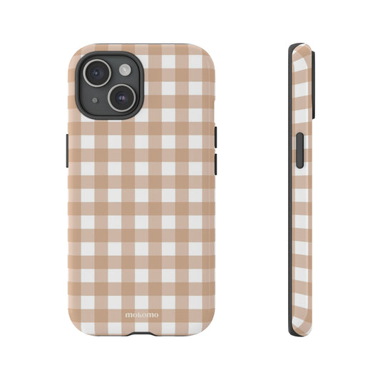 Brown gingham iPhone 15 phone case 