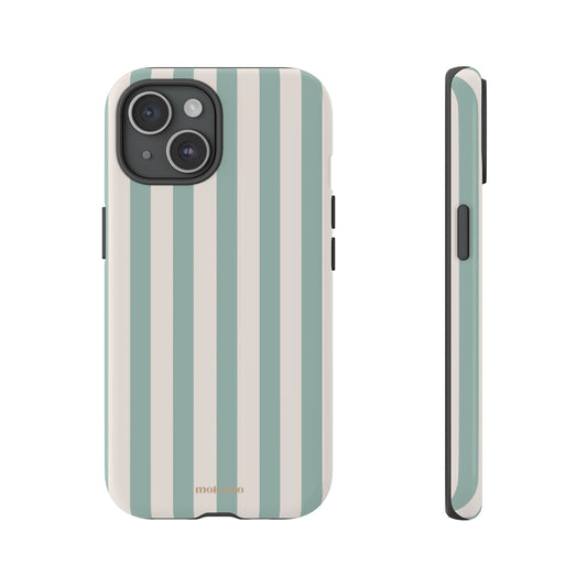 Classic striped design with a pale green colour on an iPhone 15 phone case