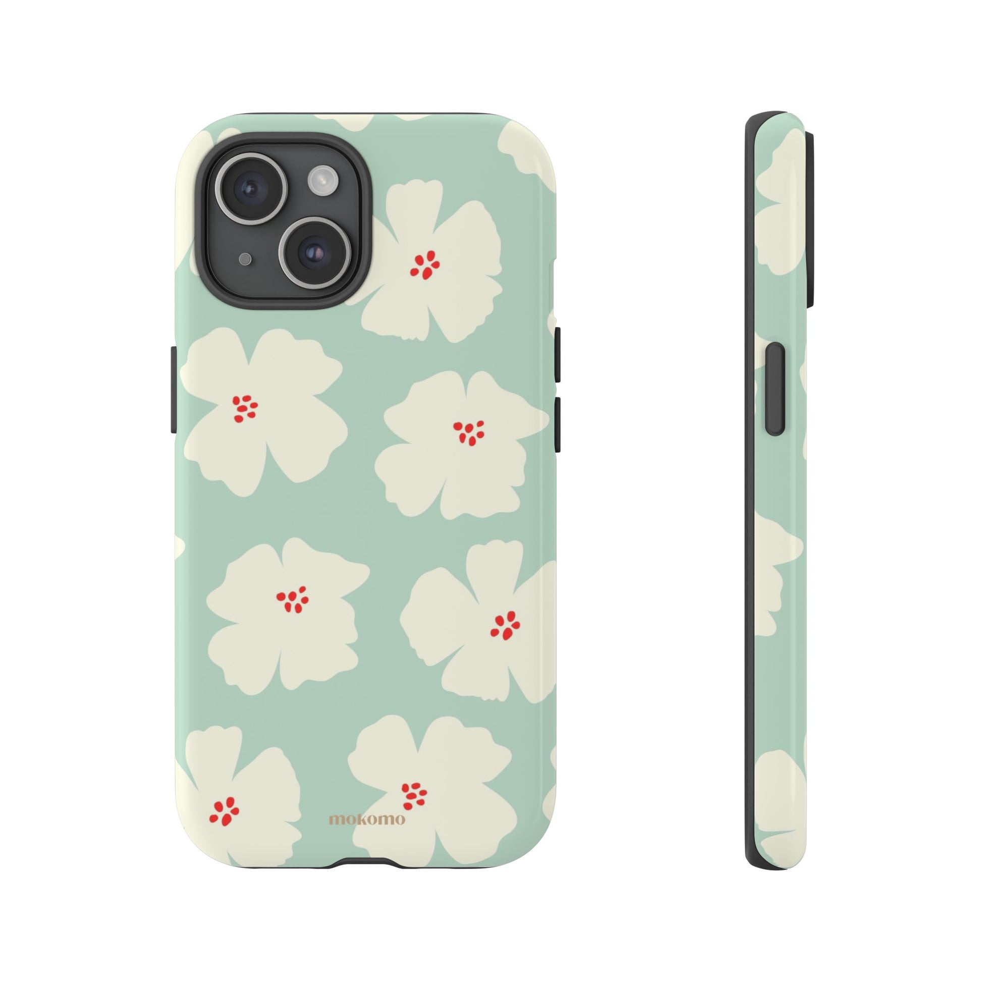Pastel green phone case with white repeating flower design 