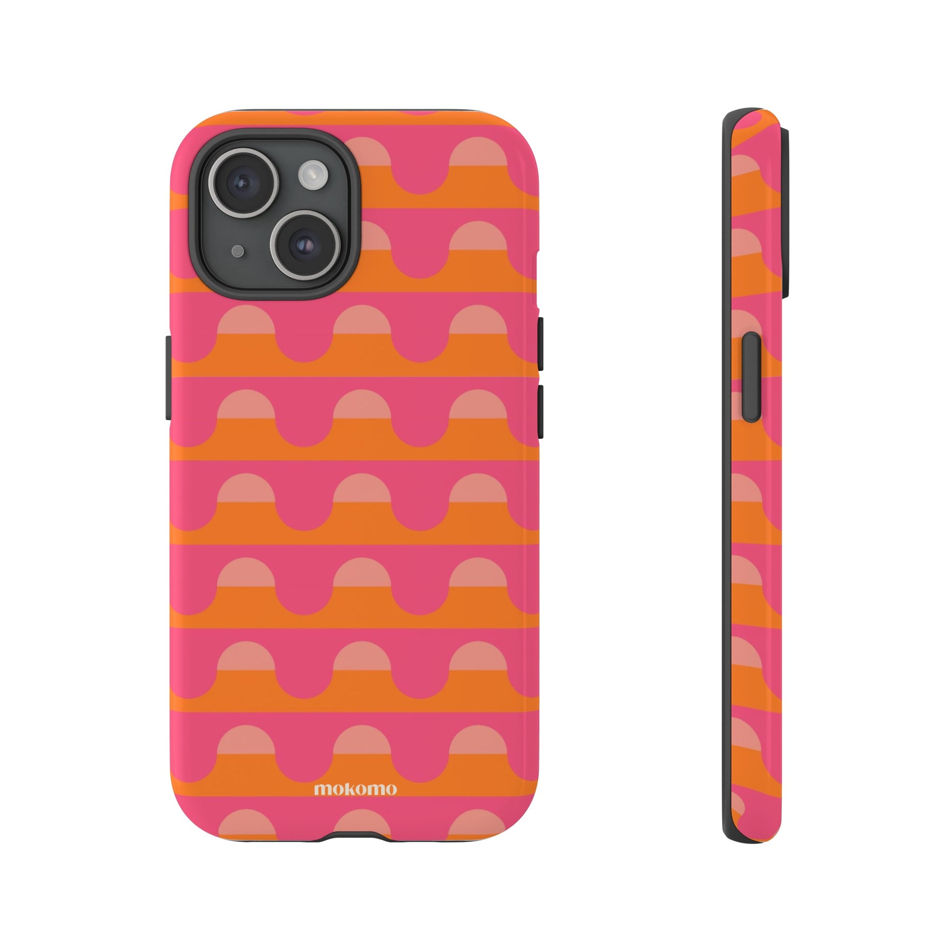 Pink and Orange  wavy retro design on an iPhone 15 case 
