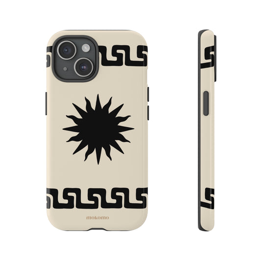 Black and white sun design with Greek wavy pattern on phone case 