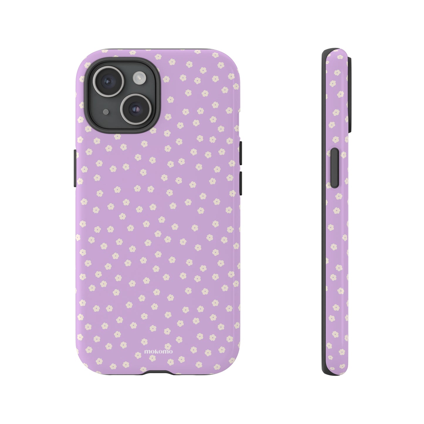 iPhone 15 case with a  floral pastel purple design 