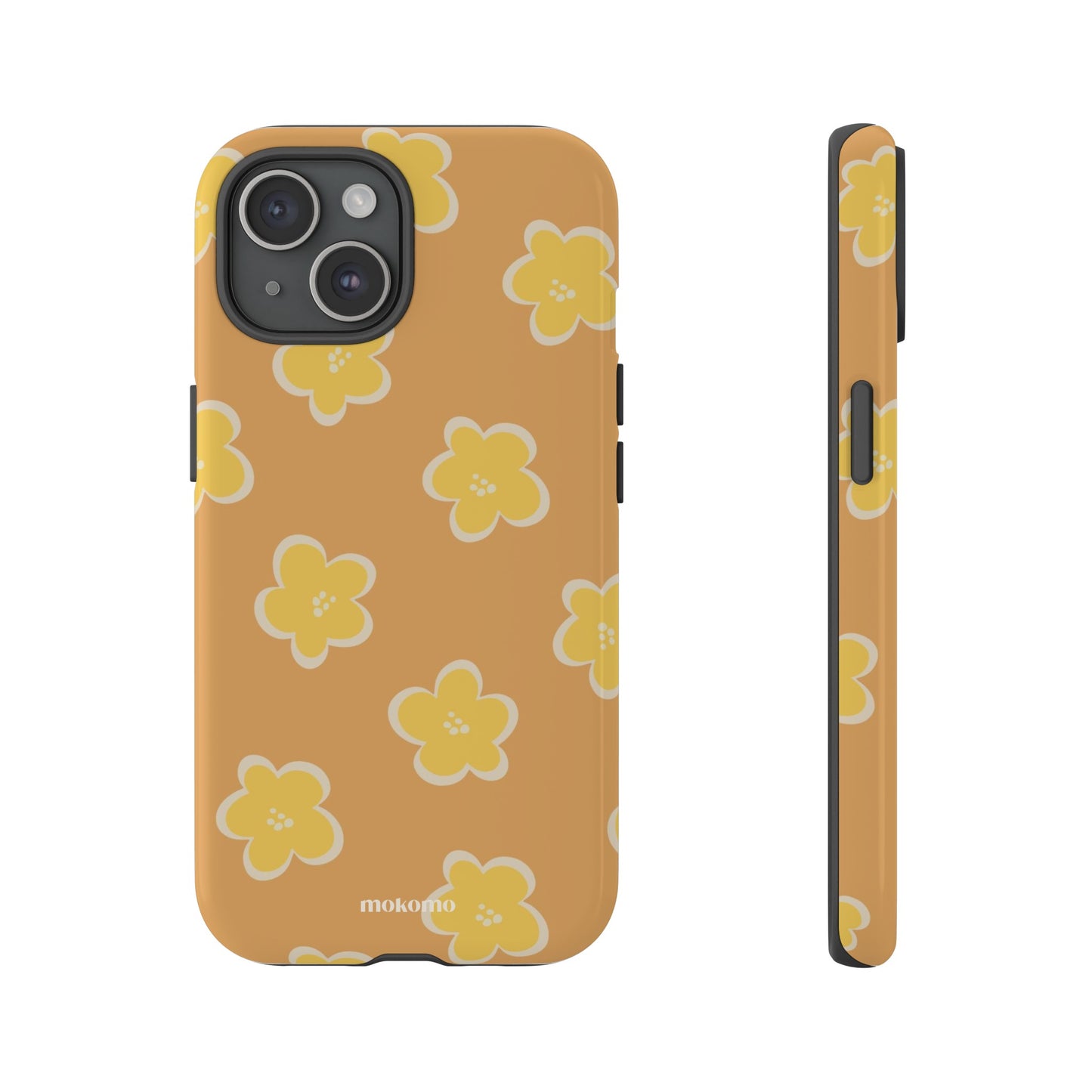 Yellow flowers with orange background on an iPhone 15 case