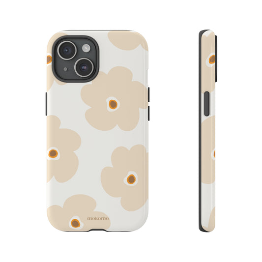 Beige Flowers with a white background on an iPhone 15 phone case 