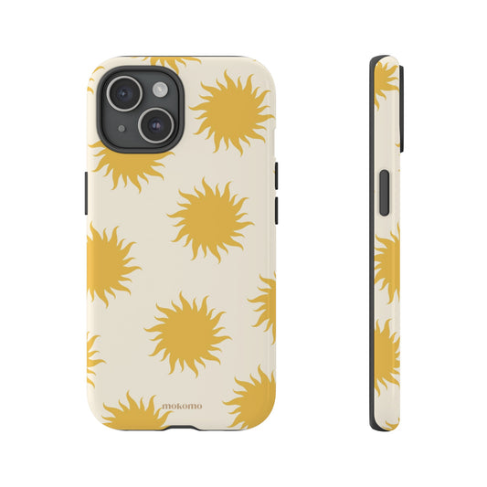 iPhone 15 case with a bright yellow repeating sun design on a white background 
